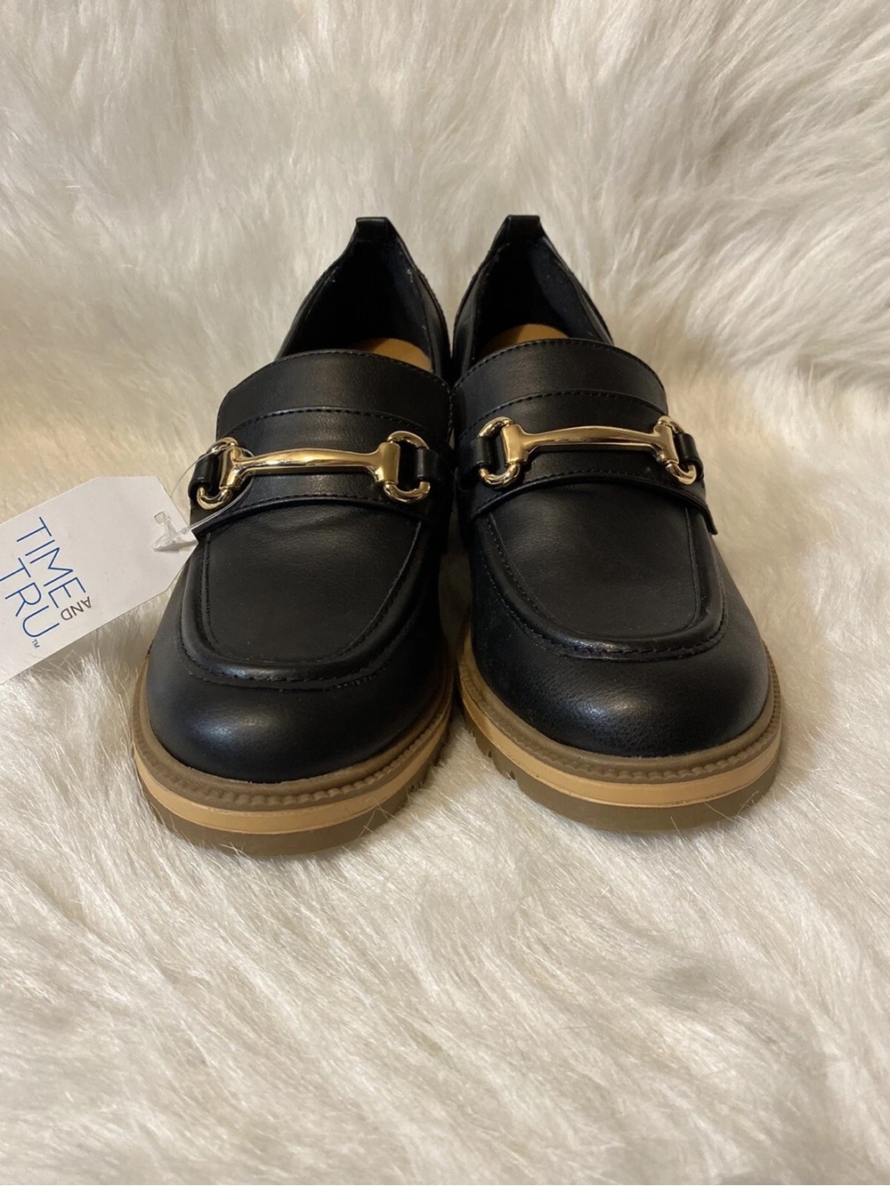 Women's Black Leather Loafers with Gold Bit Accent